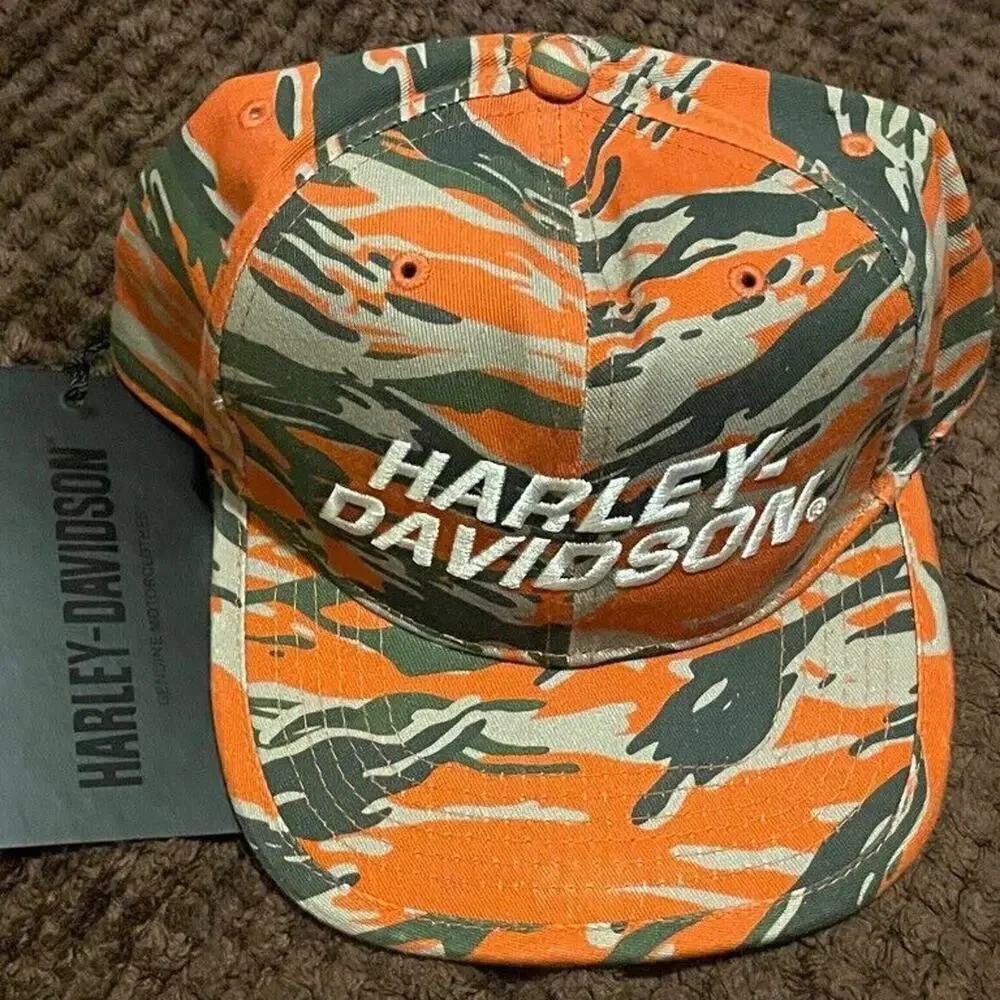 HARLEY DAVISON HAT CAMO‎ ORANGE GREEN RACING SNAPBACK BIKER MILITARY ICONIC RARE